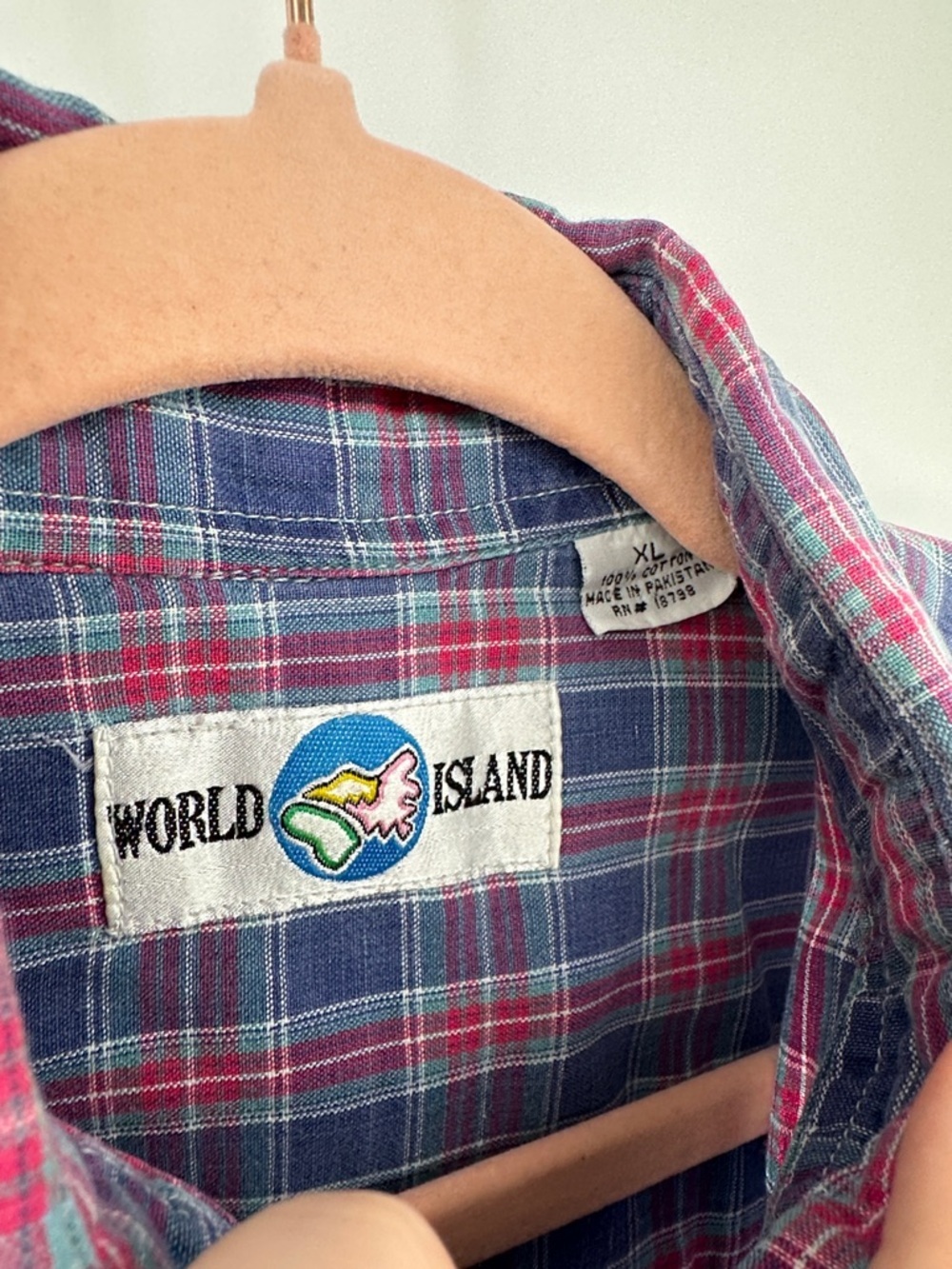 World Island VTG 90s Preppy Dadcore Workwear Grunge Plaid Blue&Pink Shirt SzXL - Picture 2 of 11